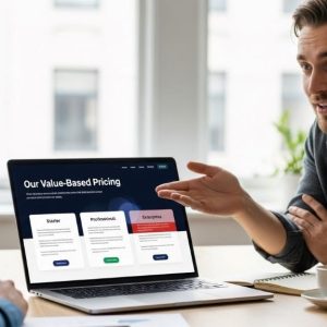 Web designer presenting tiered pricing packages to client on laptop screen showing value-based pricing structure