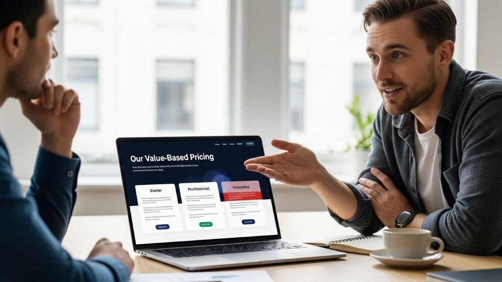 Web designer presenting tiered pricing packages to client on laptop screen showing value-based pricing structure