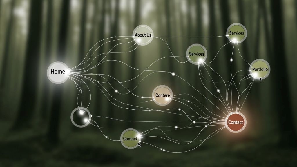 Interactive website navigation menu demonstrating interconnected pathways inspired by natural spider web design