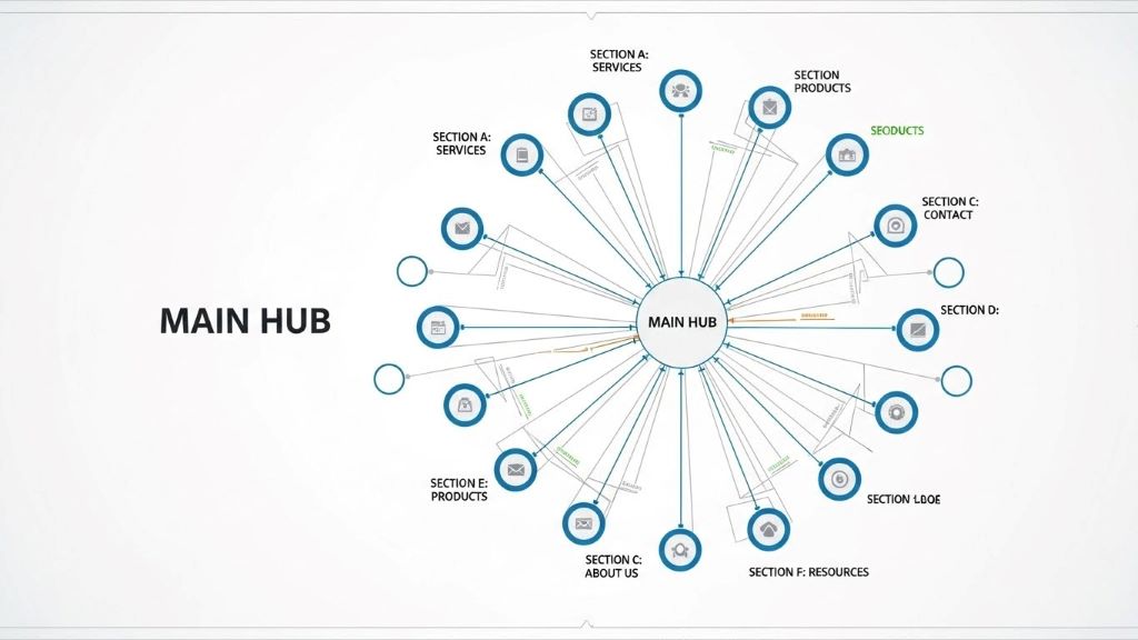 Diagram showing radial navigation structure with central hub connecting to multiple sections like spider web pattern