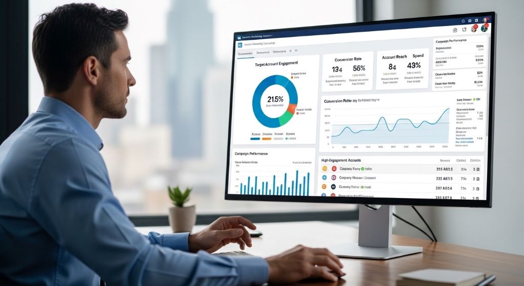Business professional analyzing LinkedIn account-based marketing campaign dashboard showing target account engagement metrics and conversion data