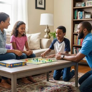 Atlanta family enjoying affordable indoor game night at home