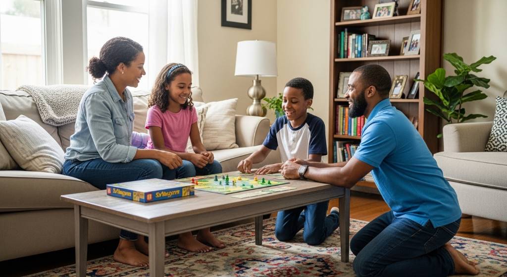 Atlanta family enjoying affordable indoor game night at home