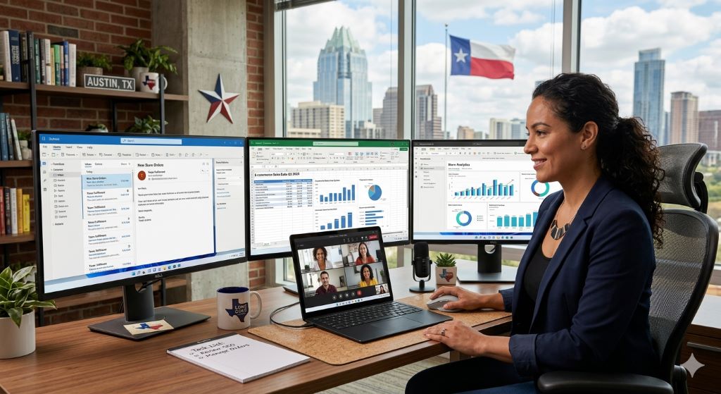 Entrepreneur managing online business tasks with Microsoft software on multiple screens in Texas TX
