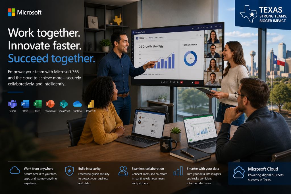 Team collaborating with Microsoft apps and cloud services for digital business success in Texas
