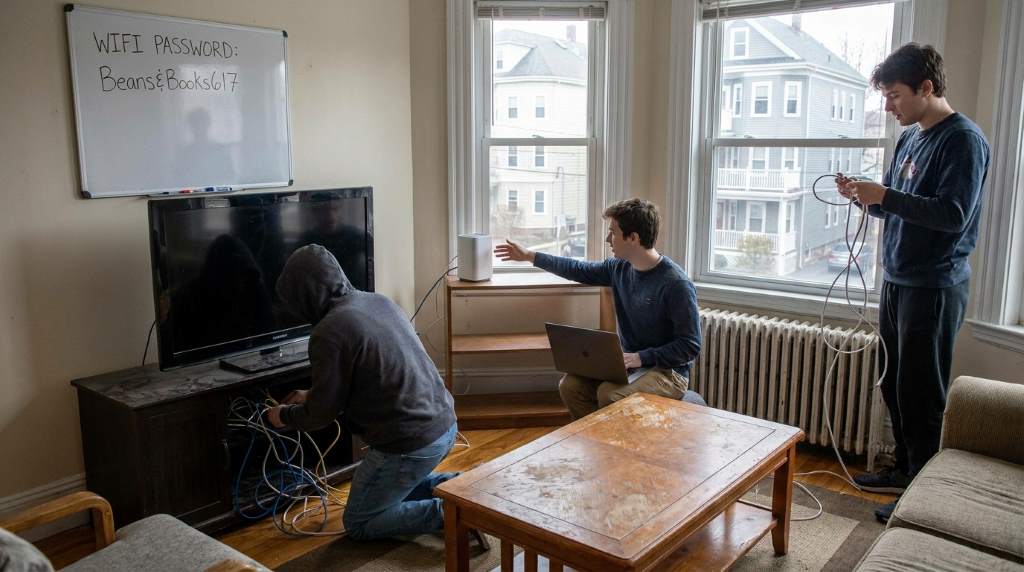 Student using Ethernet cable for faster internet connection