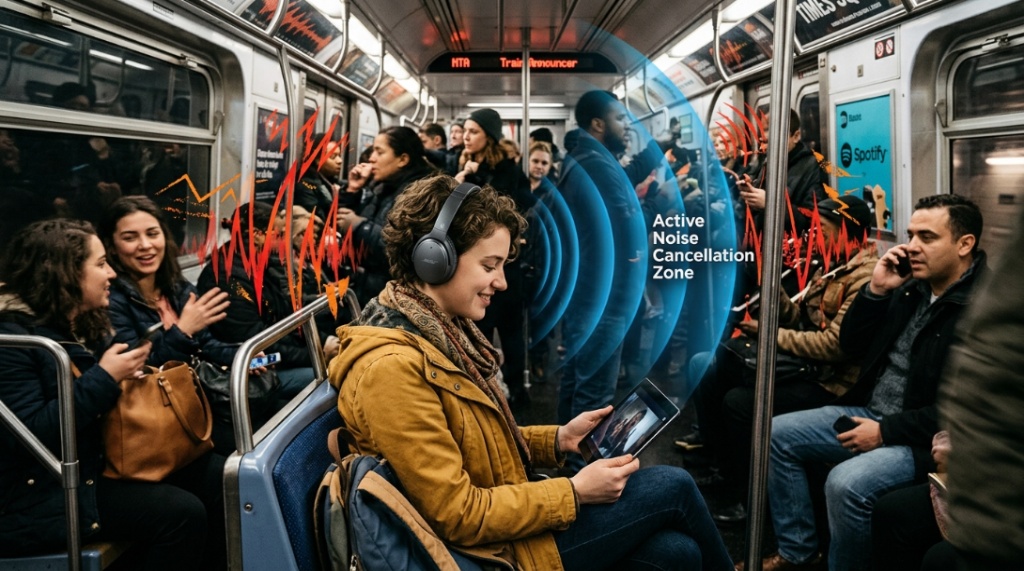 Man wearing noise cancelling wireless headphones while riding a crowded subway train.