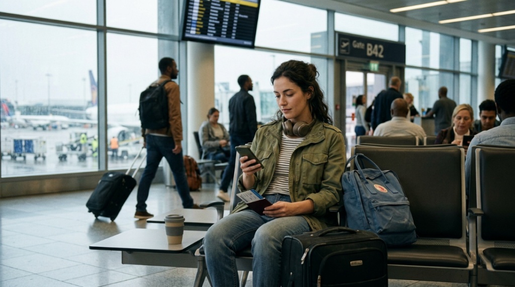 Woman wearing wireless over ear headphones while sitting next to airplane window.