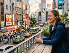 Traveler wearing AI translation earbuds on a bustling city street.
