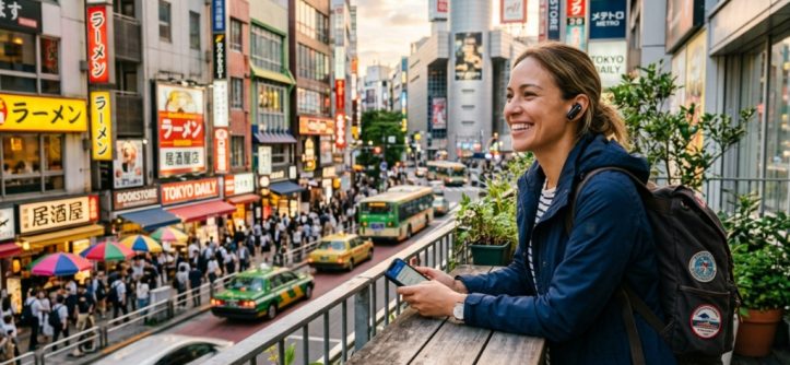 Traveler wearing AI translation earbuds on a bustling city street.