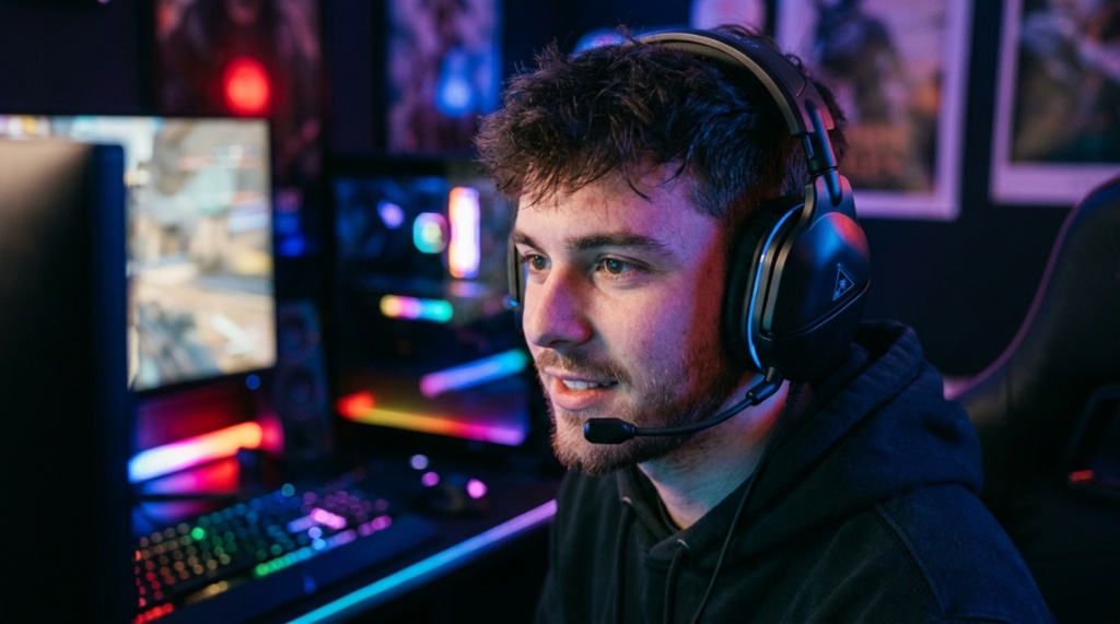 Gamer wearing a budget gaming headset with noise isolation in a lit room.