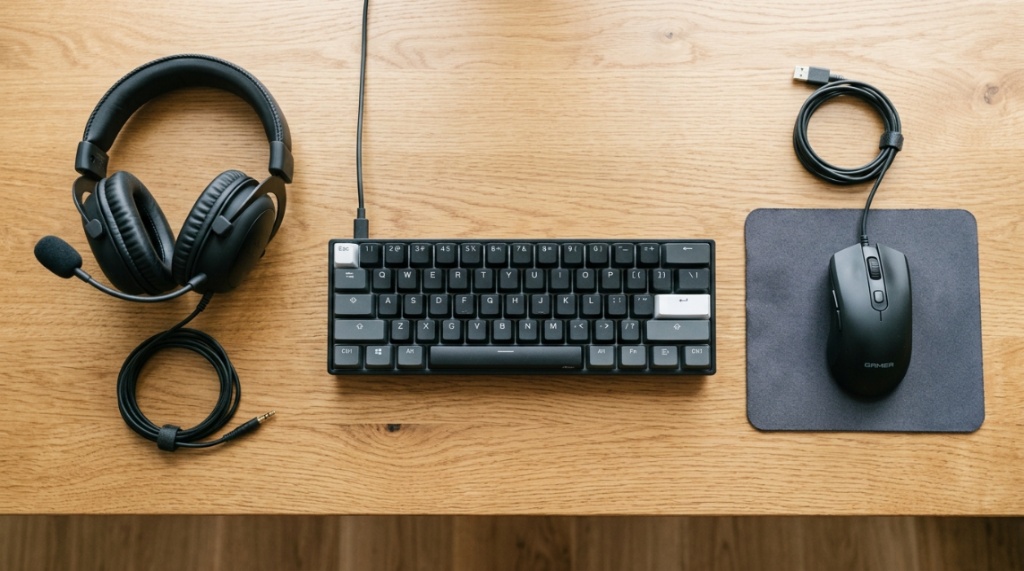 Affordable gaming headset resting on a desk next to a keyboard.