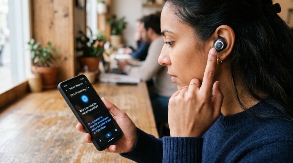 Person adjusting smart earbud with smartphone translation app open.