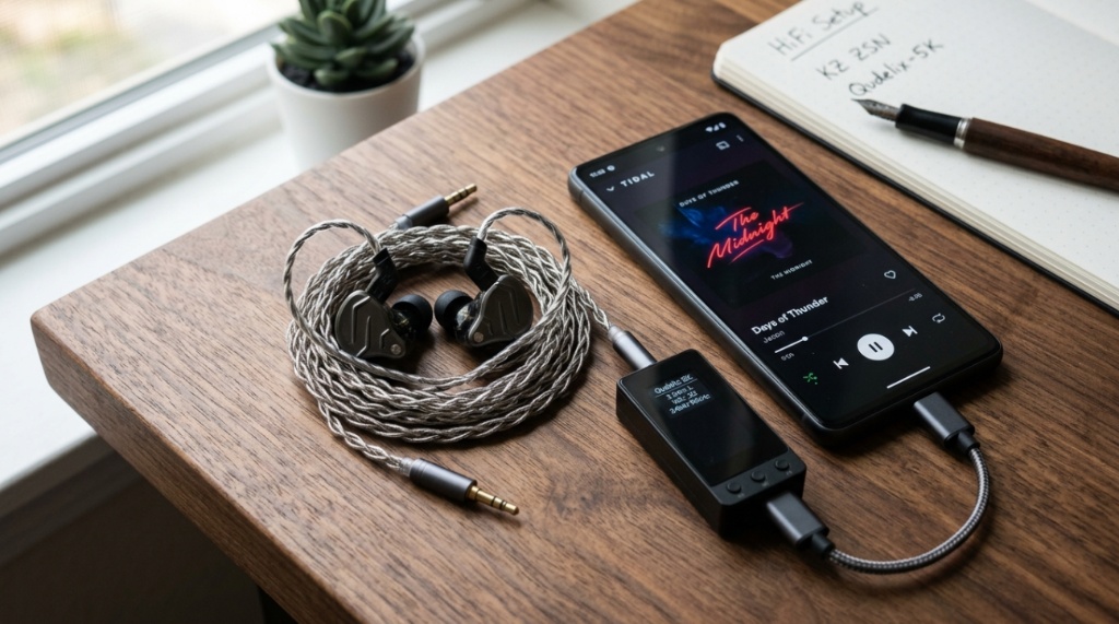 Person wearing wired in-ear monitors while listening to music.