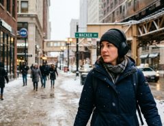 Person wearing noise cancelling headphones outdoors during a snowy Chicago winter day.