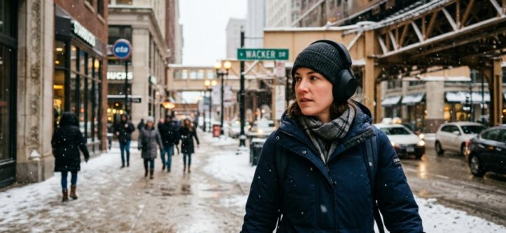 Person wearing noise cancelling headphones outdoors during a snowy Chicago winter day.