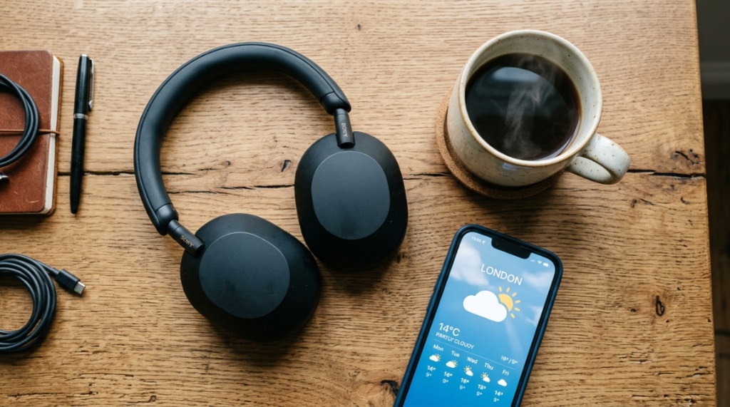 Wireless noise cancelling headphones resting on a desk next to coffee.